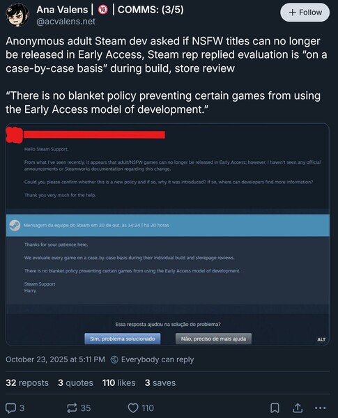 Resposta do Steam à solicitação de acesso antecipado a um jogo adulto (captura de tela, conta Ana Valens Bluesky)