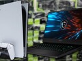 Um console (PS5) ou laptop (MSI GP66 Leopard) pode ser uma escolha mais inteligente do que as placas gráficas Ampere para jogadores. (Fonte da imagem: Sony/MSI/Greg Salazar - editado)