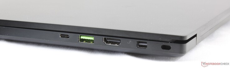 Right: Thunderbolt 3, USB 3.0 Type-A, HDMI 2.0, MiniDisplayPort 1.4, Kensington lock