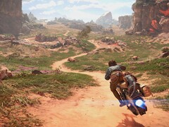 Uma imagem mostrando Kay Vess em seu speeder em Star Wars Outlaws.