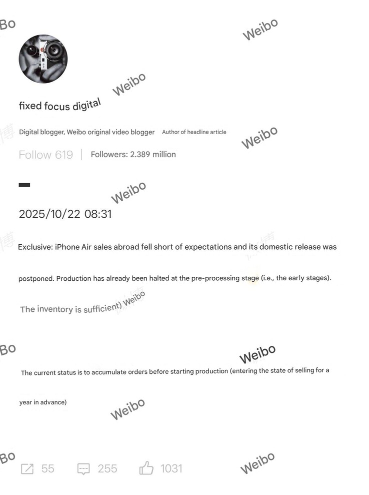 A demanda do iPhone Air ficou aquém das expectativas fora da China. (Fonte da imagem: Weibo)