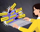 Mulher sentada diante de um laptop com vários banners aparecendo na tela