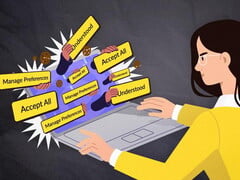Mulher sentada diante de um laptop com vários banners aparecendo na tela