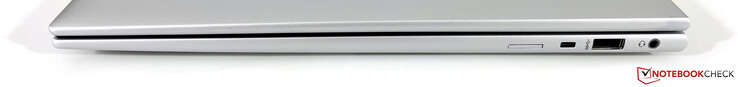 Certo: Slot Nano-SIM (opcional para os modelos WWAN), slot de segurança Kensington Nano, USB-A 3.2 Gen.1 (5 GBit/s, alimentado), estéreo de 3.5 mm