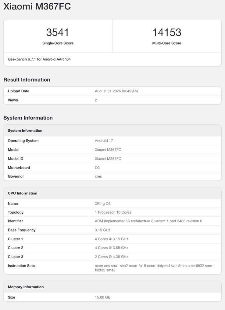 Listagem no Geekbench do suposto Xiaomi Pad 9 Pro Max.