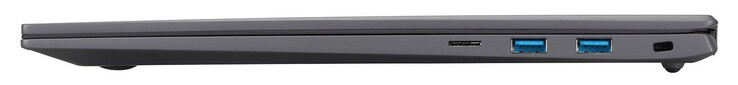 Lado direito: leitor de cartão de armazenamento (microSD), 2x USB 3.2 Gen 2 (USB-A), slot para trava de cabo