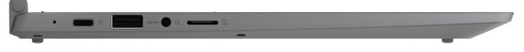 Lado esquerdo: uma porta USB 3.2 Gen 1 Tipo C (DisplayPort, Power Delivery), uma porta USB 3.2 Gen 1 Tipo A, conector de fone de ouvido/microfone combinado de 3,5 mm, leitor de cartão microSD