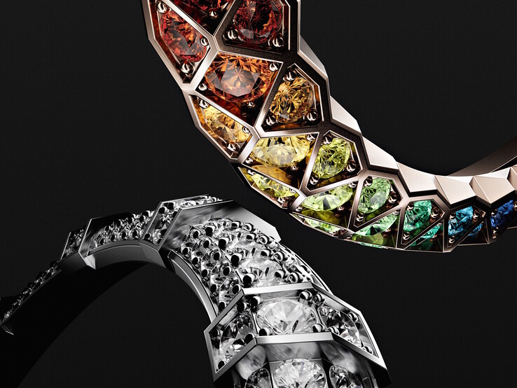 As pedras preciosas e os diamantes dos fones de ouvido Loewe Ice Diamond e Noir Rainbow são engastados à mão nos anéis de ouro que adornam cada fone de ouvido. (Fonte da imagem: Loewe)