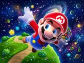 mario 3D voando em um cenário com o tema Super Mario Galaxy