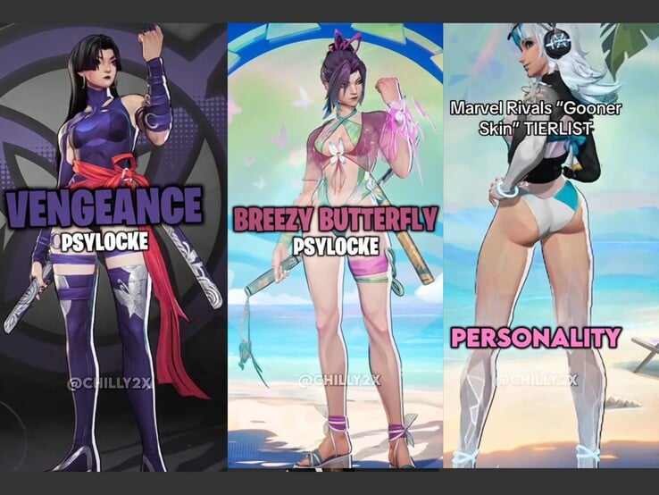 Algumas das skins afetadas pelas alegações. (Fonte: CHILLY2X/TikTok)