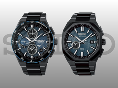 O Seiko Astron SSH187J1 (à esquerda) e o SSJ039J1 (à direita), retratados contra um fundo gradiente cinza-preto e o logotipo da Seiko. (Fonte da imagem: Seiko - editado)