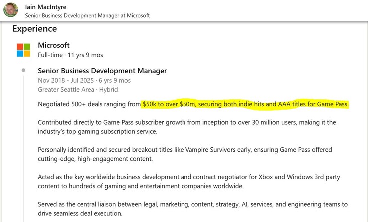 Os jogos de terceiros do Xbox Game Pass custam muito caro para serem colocados no serviço. (Fonte da imagem: LinkedIn)