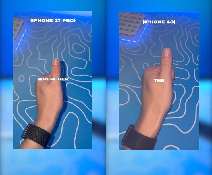 comparação entre o iPhone 17 Pro e o iPhone 13 com flash, mostrando a sombra no polegar na foto do 17 Pro. (Fonte da imagem: marcustechnology via Instagram)