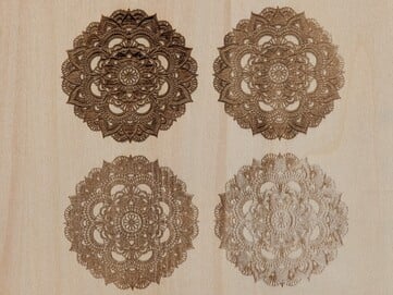 Design em Stock SVG no software LaserPecker Design Space na folha de Basswood em diferentes valores de potência e profundidade usando laser de diodo.