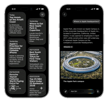 Aparentemente, o Apple planeja lançar um aplicativo Siri totalmente novo que inclui uma lista de conversas (à esquerda) e um chatbot semelhante ao ChatGPT.