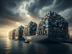 747.000 toneladas de lixo eletrônico foram recicladas na Alemanha para a extração de matérias-primas valiosas. Isso corresponde à enorme capacidade de carga de sete dos maiores navios porta-contêineres do mundo. (Imagem: Google Gemini AI)