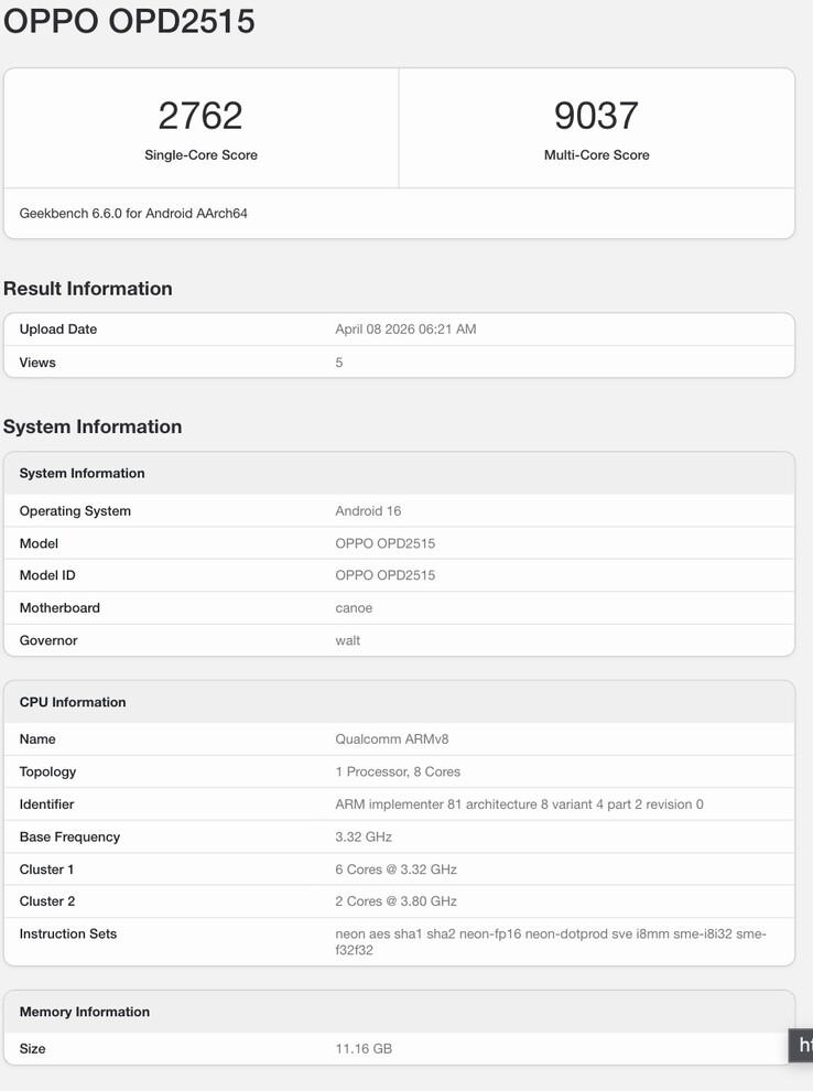 Listagem do Geekbench do próximo dispositivo da Oppo.