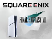 Logotipos da Square Enix e de Final Fantasy 7 ao lado do PS5 (Fonte da imagem: Square Enix, Sony PlayStation)