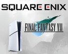 Logotipos da Square Enix e de Final Fantasy 7 ao lado do PS5 (Fonte da imagem: Square Enix, Sony PlayStation)