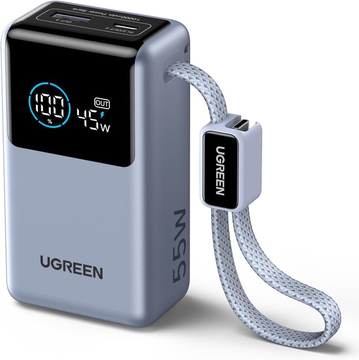 O Ugreen 55W Power Bank 10.000 mAh com cabo integrado. (Fonte da imagem: Amazon)