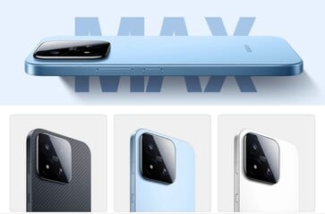 As renderizações que vazaram mostram o Xiaomi 17 Max com acabamento em fibra de carbono, azul claro e branco.