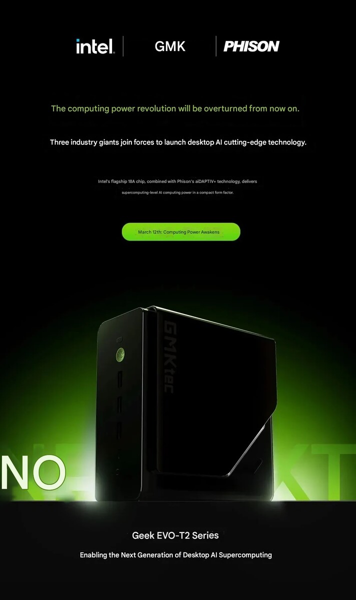 O mini PC GMKtec Evo-T2 contará com CPUs Panther Lake da Intel.