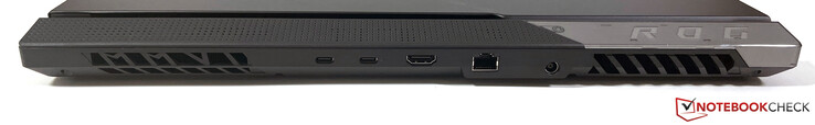 Voltar: USB-C 4.0 com Thunderbolt 4 (40 Gbit/s, modo DisplayPort ALT), USB-C 3.2 Gen.2 (10 Gbit/s, modo DisplayPort ALT, Power Delivery), HDMI 2.1, 2.5 Gbit/s Ethernet, alimentação