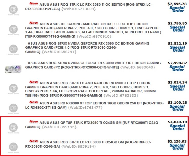 Asus RTX 3090 Ti preços modelo de placas. (Fonte da imagem: via @momomo_us)