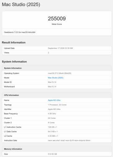 Pontuação da GPU do Apple M3 Ultra no Geekbench