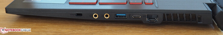 Right side: Kensington lock, headphone, microphone, USB-A 3.0, USB-C 3.0, RJ45 LAN