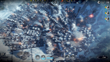 Uma imagem mostrando vários edifícios em Frostpunk.