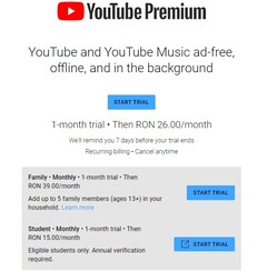 A Família Premium do Google YouTube ainda está presa a cerca de US$8 na Romênia (Fonte: Própria)