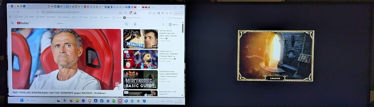 Imagem a imagem: YouTube em um mini PC à esquerda e Diablo 2 em um laptop para jogos à direita, no mesmo monitor
