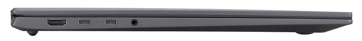 Lado esquerdo: HDMI, 2x USB 4/Thunderbolt 4 (USB-C; Power Delivery, DisplayPort), porta combinada de áudio