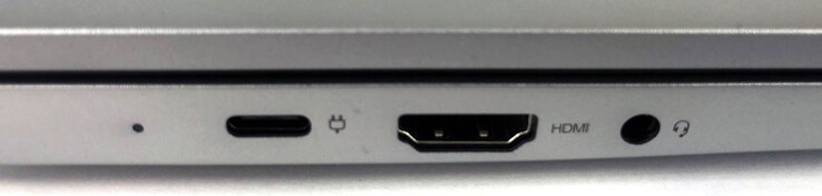 Esquerda: 1 x USB 3.2 Tipo C (com Power Delivery e DisplayPort), 1 x HDMI, 1 x porta combinada de áudio/mic (conector de 3,5 mm)