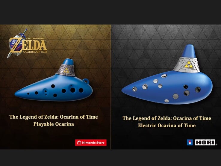 As ocarinas acústicas (à esquerda) e eletrônicas (à direita) para o remake de *The Legend of Zelda: Ocarina of Time*.
