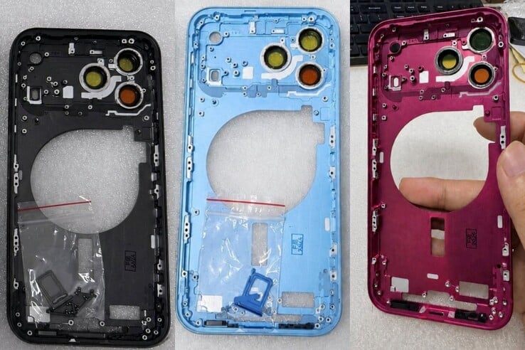 Os supostos painéis traseiros do iPhone 18 Pro. Não podemos confirmar se as fotos/peças são genuínas.