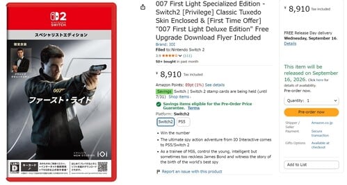 007 Data de lançamento do First Light Switch 2 divulgada na Amazon Japão