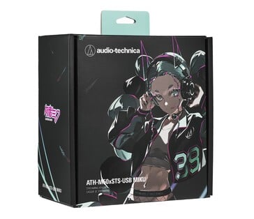 O fone de ouvido Audio-Technica Hatsune Miku ATH-M50xSTS-USB MIKU é embalado em uma caixa ilustrada de edição limitada. (Fonte da imagem: Audio-Technica)