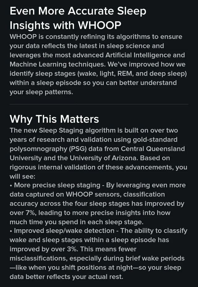 O Whoop fornece mais informações sobre a atualização do Algoritmo de Estágio do Sono em seu aplicativo. (Fonte da imagem: U/magony via Reddit)