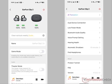 O aplicativo EarFun Audio mostra a página inicial e as configurações do Clip 2.