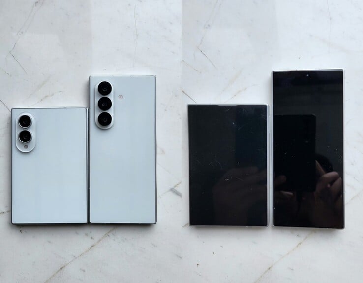 Vazamento dos modelos de design Galaxy Z Fold 8 (o modelo mais largo) e Fold 8 Ultra.