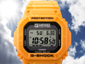 O relógio colaborativo da Casio Surfrider Foundation Japan (foto) apresenta uma caixa e pulseira amarelas brilhantes, do nascer do sol, feitas de resina de base biológica de cores mistas. (Fonte da imagem: Casio)