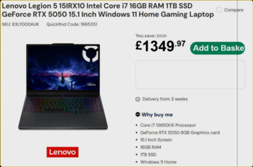 Especificações e preço do Lenovo Legion 5 (Fonte da imagem: Laptops Direct)