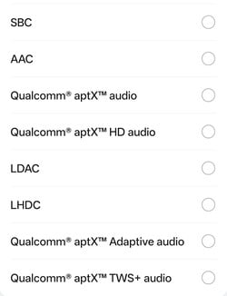 Codecs de áudio Bluetooth disponíveis
