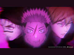 Sequência de abertura da terceira temporada de Jujutsu Kaisen com Yuji Itadori ladeado por personagens-chave, mostrada em um visual estilizado em tons de roxo. (Fonte da imagem: Mappa, Crunchyroll)