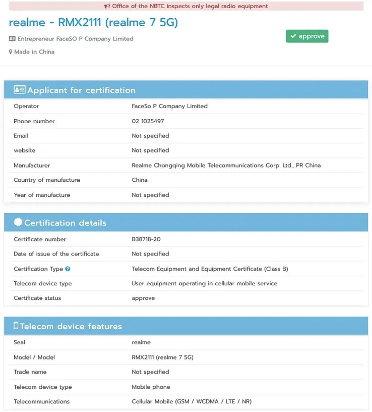 O Realme 7 5G supostamente aparece no site da NBTC. (Fonte: NBTC via MySmartPrice)