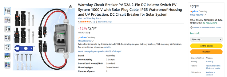 Uma caixa de fusíveis PV é necessária, mas não está incluída e deve ser adquirida separadamente. (fonte da imagem: Screenshot Amazon)