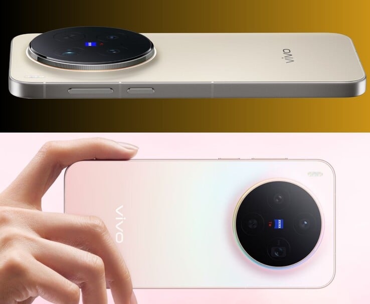 Vivo X300 Pro (em cima) e X300 (embaixo) exibindo acabamentos em dourado e rosa com módulos circulares de câmera Zeiss (Fonte da imagem: Vivo)
