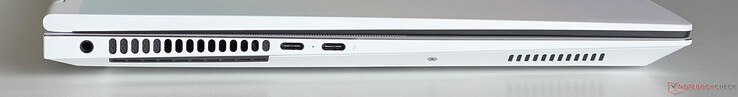 Esquerda: áudio de 3,5 mm, USB-C 3.2 Gen.2 (10 GBit/s, modo DisplayPort ALT, Power Delivery), USB-C 4.0 com Thunderbolt 4 (40 Gbit/s, modo DisplayPort ALT, Power Delivery)